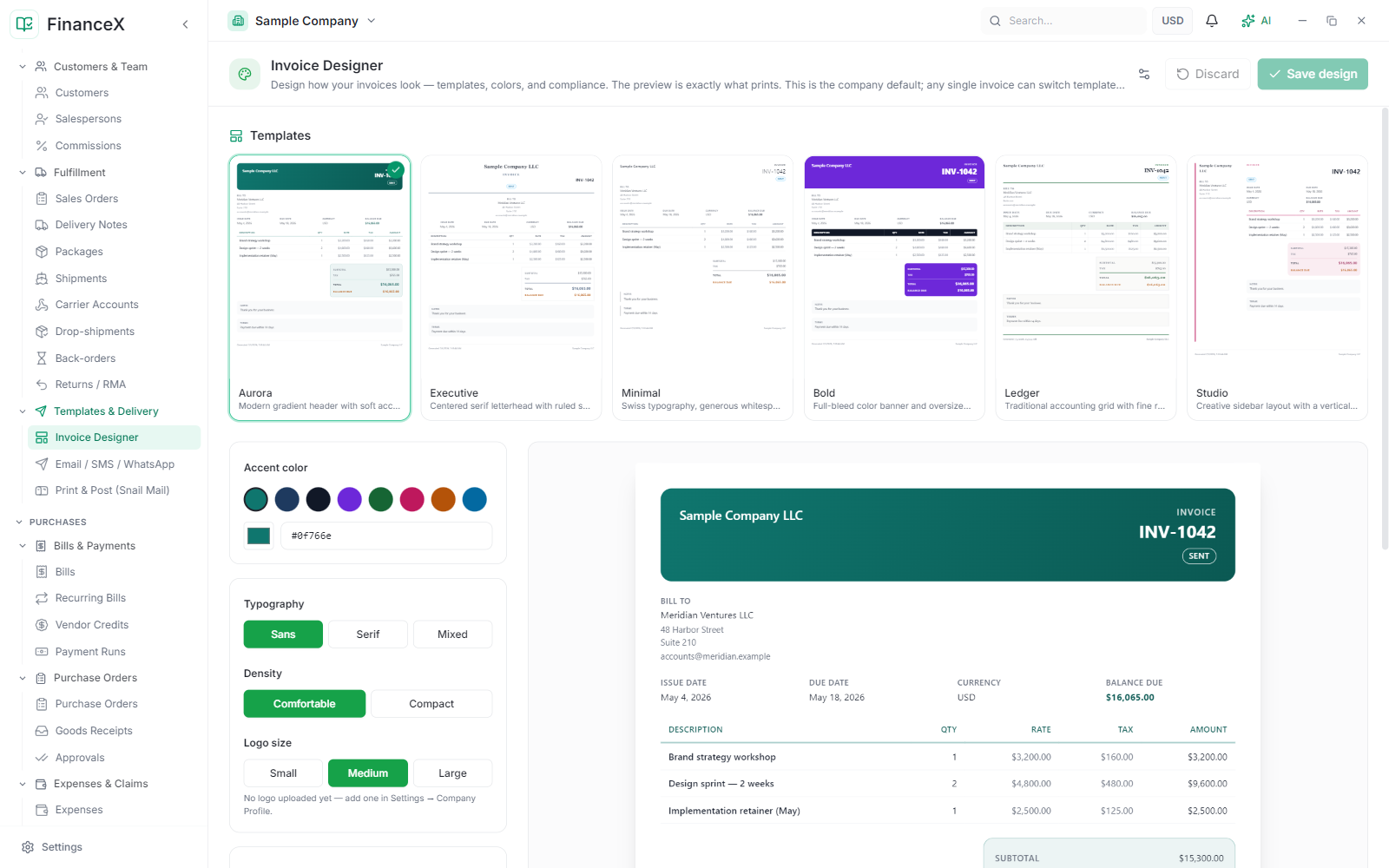 Design invoices visually — your branding, your layout, with a live preview that is exactly what prints.